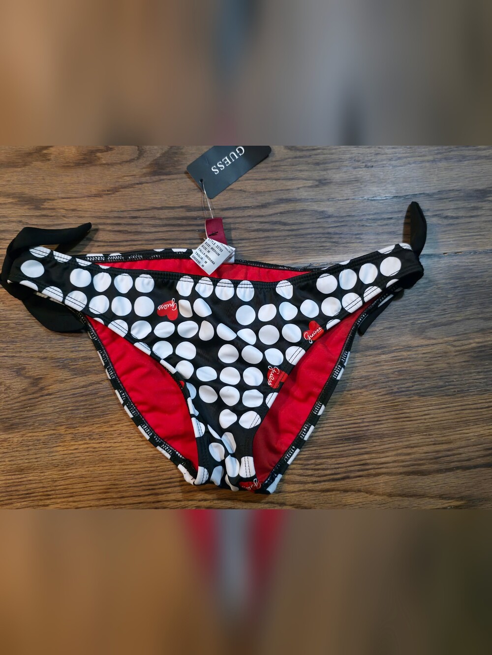 GUESS Black & White Polka Dot Swim Bottom with Red Lining